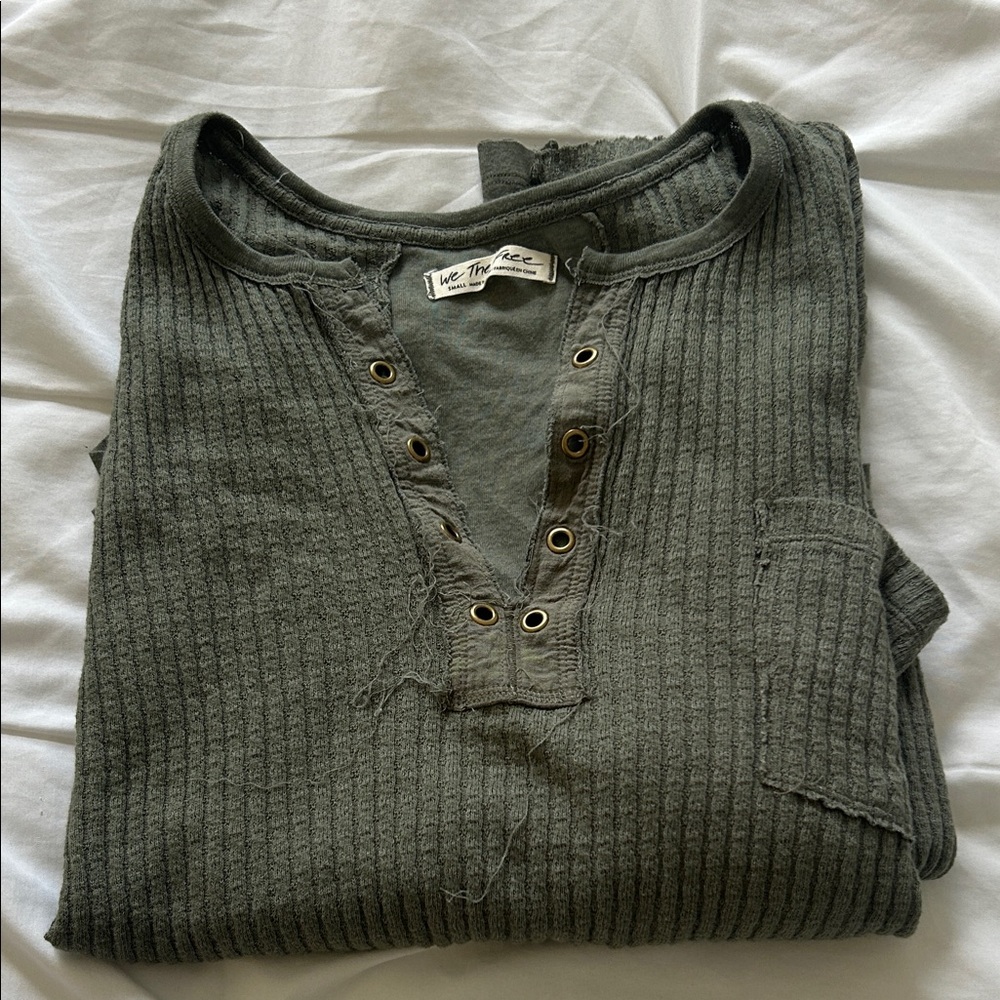 We The Free Olive Green Ribbed V-Neck Sweater